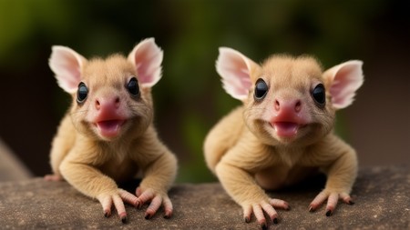 couple of baby animals sitting on top of a rock next to each other