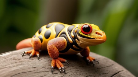 toy lizard sitting on top of a piece of wood with red eyes