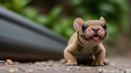 close up of a small animal on the ground with its tongue out