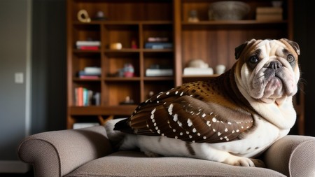 dog is sitting on a chair with an owl on it's back