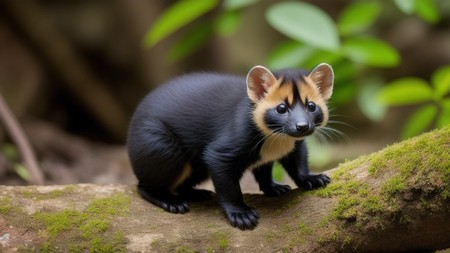 small black and brown animal sitting on a tree branch in a forest