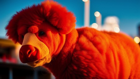 close up of a stuffed animal on a street with buildings in the background