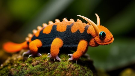 an orange and black geckole sitting on top of a rock