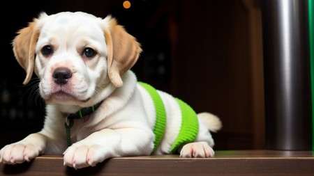 small white and brown dog wearing a green sweater sitting on a table