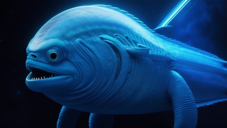 large blue fish with sharp teeth and a sword in its mouth