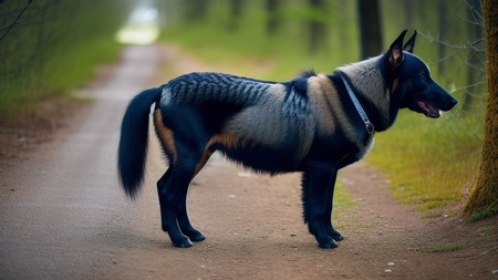 black and brown dog standing on a dirt road next to a tree