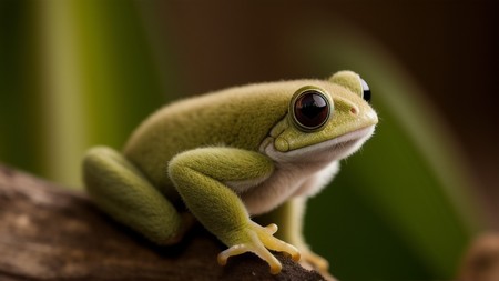 small green frog sitting on top of a tree branch next to a leaf