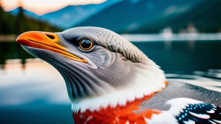 close up of a bird on a body of water with mountains in the background