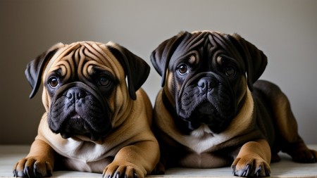 two brown and black dogs sitting next to each other on a table