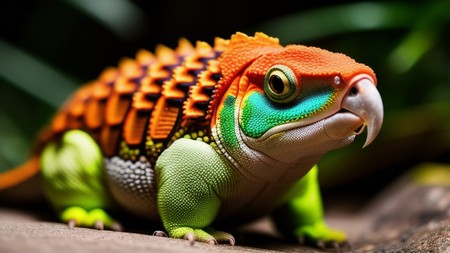 close up of a colorful lizard on a rock with trees in the background