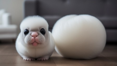 close up of a small animal near a ball of white stuff