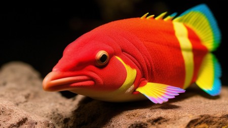 bright red and yellow fish sitting on top of a rock next to a black background