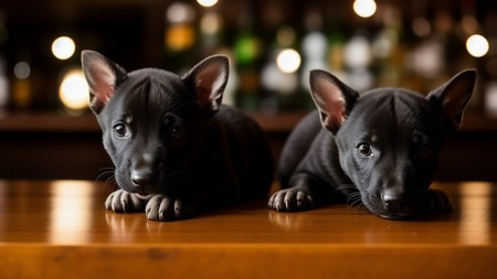 two black puppies sitting on a wooden table in front of bottles