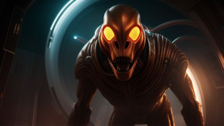 creepy looking creature with glowing eyes in a dark space with bright orange glowing eyes