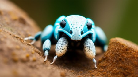 close up of a blue and white bug on a rock with its eyes open