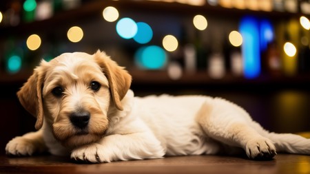 dog laying on a table in front of a blurry background