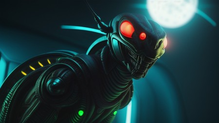 close up of a robot with glowing eyes and a glowing head