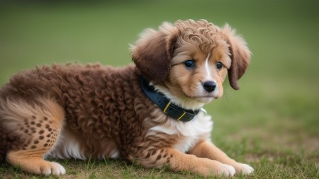 brown and white puppy laying on top of a grass covered field