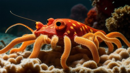 close up of a crab on a coral reef with its eyes open