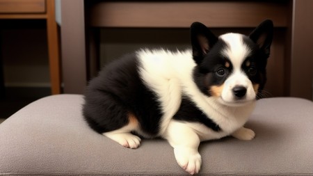 small black and white dog sitting on top of a couch cushion