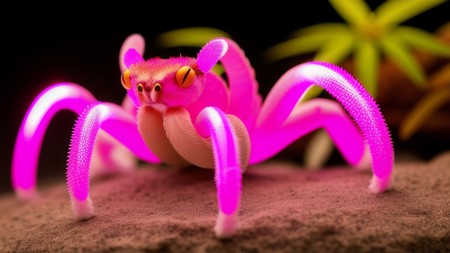 close up of a pink spider on a rock with a plant in the background