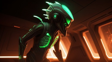sci - fi character with glowing green eyes stands in a dimly lit room