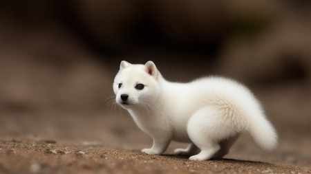 small white dog standing on top of a dirt ground next to a rock