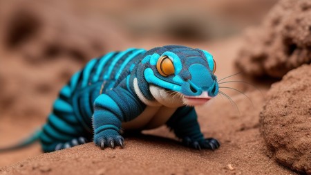 blue and black lizard sitting on top of a dirt ground next to a pile of rocks