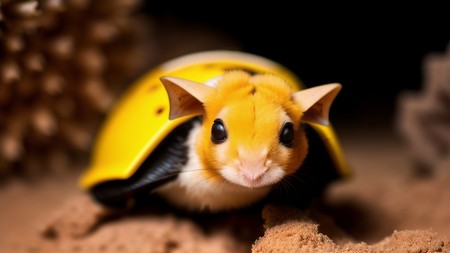 gerbil is wearing a yellow helmet and sitting on a pile of sand