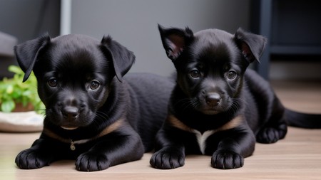 two black puppies laying on a wooden floor next to a potted plant