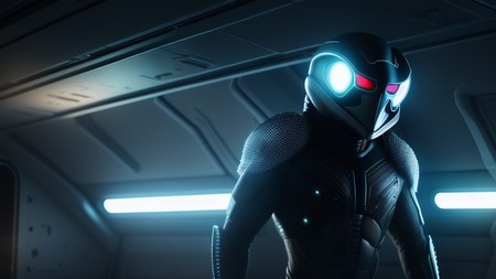 sci - fi character standing in a dark room with bright lights