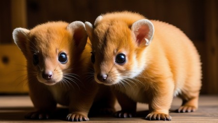 two small animals standing next to each other on a wooden floor and looking at the camera