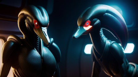 close up of two statues of birds in a room with lights