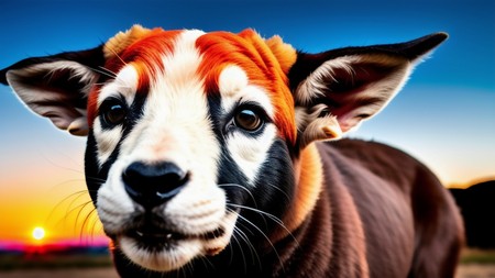 close up of a dog's face with a sunset in the background