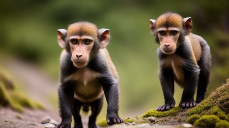 couple of monkeys standing next to each other on a field of grass