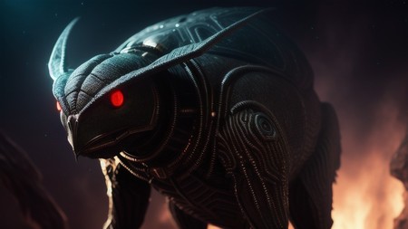 close up of a robot with red eyes and a dark background