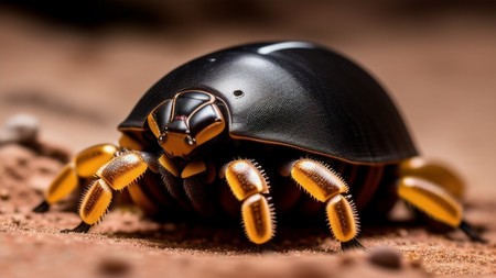 close up of a black and yellow bug on a dirt ground