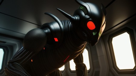 close up of a sci - fi creature with glowing red eyes