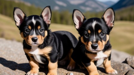 two black and brown puppies sitting on top of a rocky hill