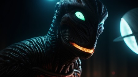 close up of a creature with glowing eyes and a helmet on