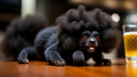 black dog with an afro sitting on a table next to a glass of beer