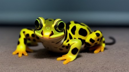 yellow and black frog sitting on the floor with its eyes wide open