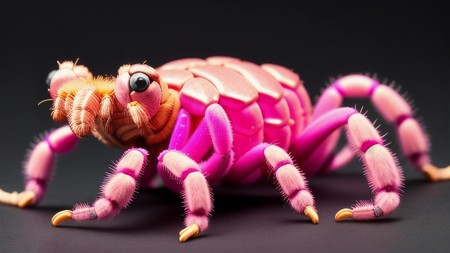 close up of a pink spider on a black surface with a black background