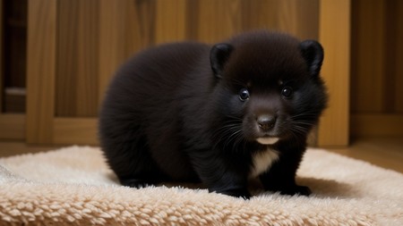 small black animal sitting on top of a white rug next to a wooden wall