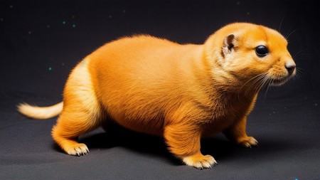 an orange animal standing on top of a black floor next to a black background