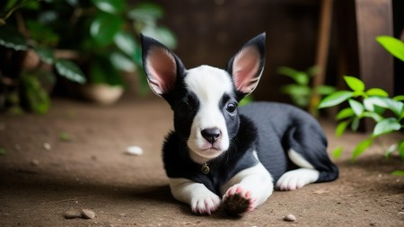 black and white puppy laying on the ground next to a plant