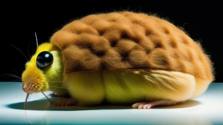 hamster with a piece of food on its head sitting on a table