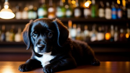 black and white dog sitting on a wooden table in front of bottles