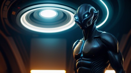 futuristic man with glowing eyes standing in front of a circular light