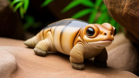 toy lizard sitting on top of a rock next to a plant